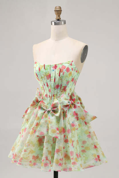Green Floral Strapless A Line Short Corset Homecoming Dress with Bows