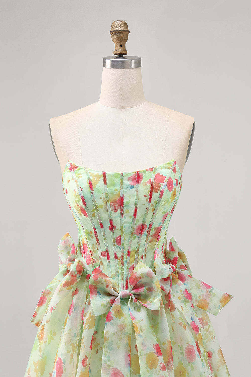 Green Floral Strapless A Line Short Corset Homecoming Dress with Bows