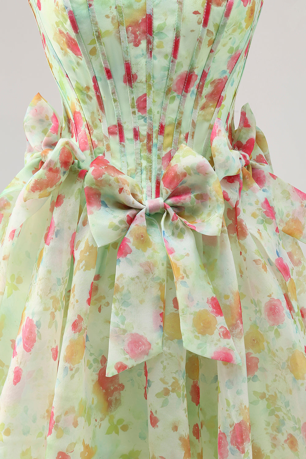 Green Floral Strapless A Line Short Corset Homecoming Dress with Bows