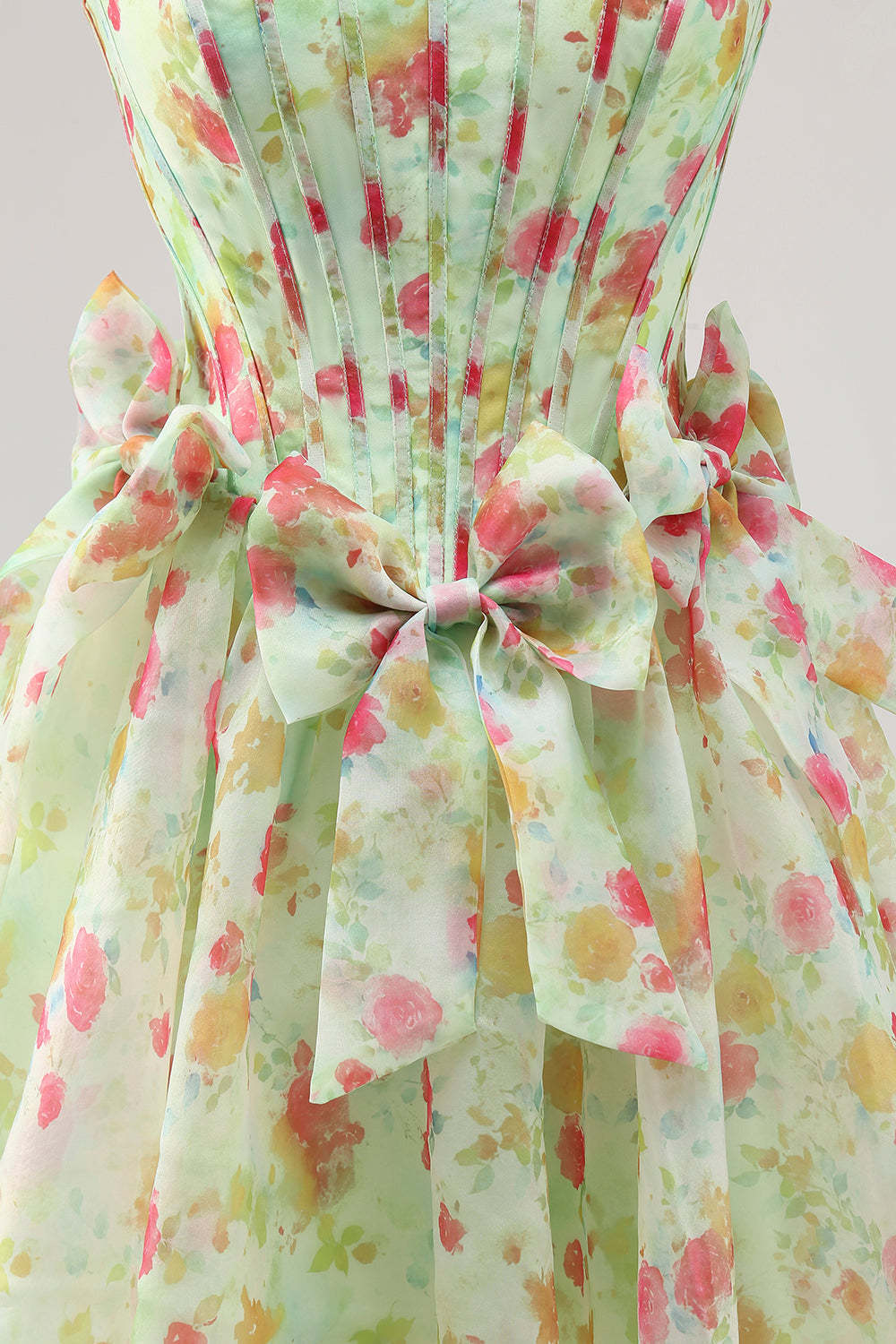 Green Floral Strapless A Line Short Corset Homecoming Dress with Bows