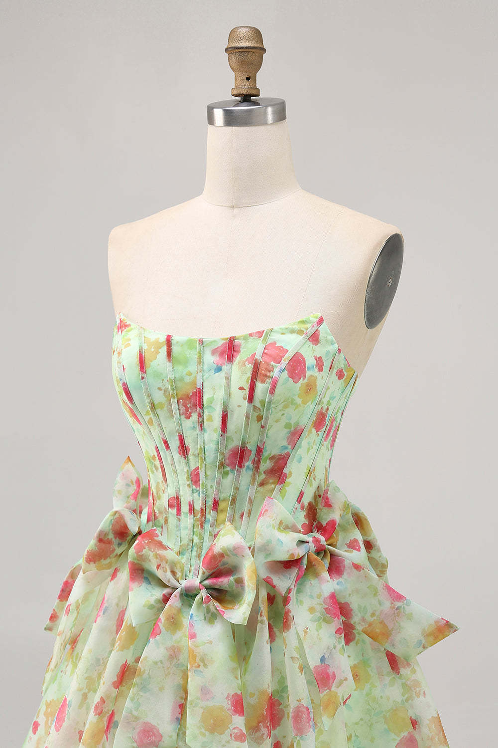Green Floral Strapless A Line Short Corset Homecoming Dress with Bows