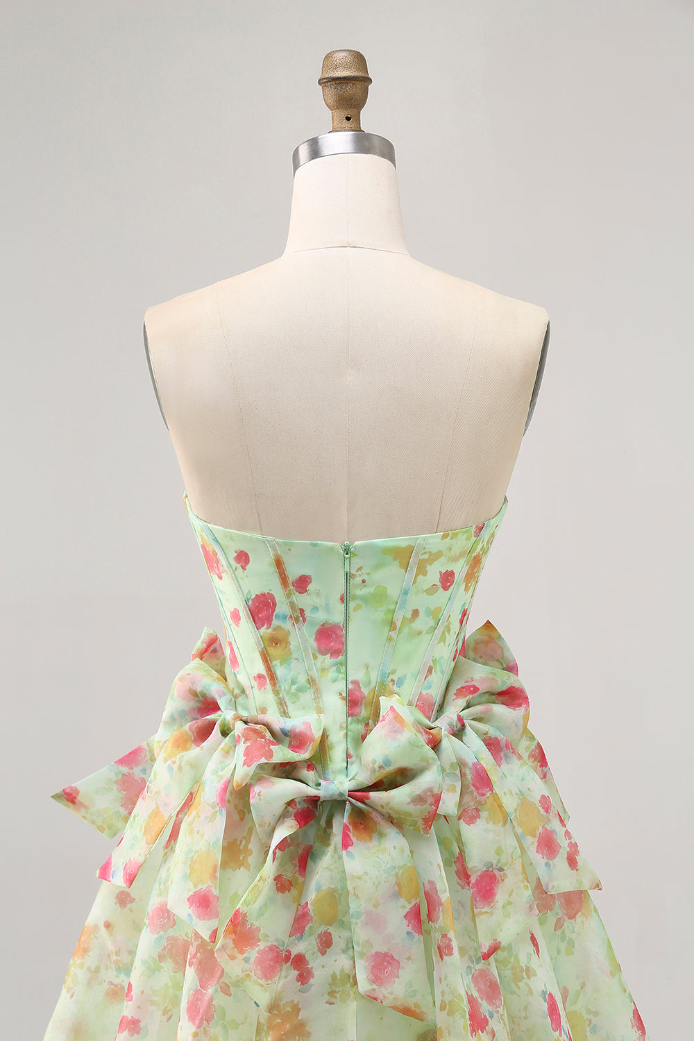 Green Floral Strapless A Line Short Corset Homecoming Dress with Bows