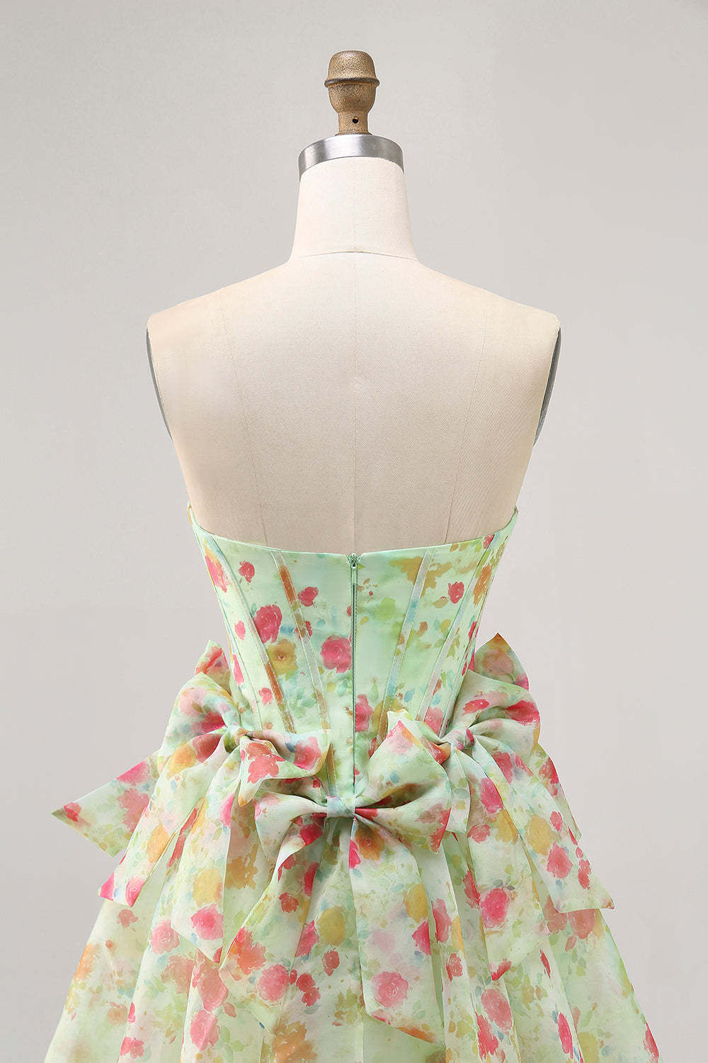 Green Floral Strapless A Line Short Corset Homecoming Dress with Bows