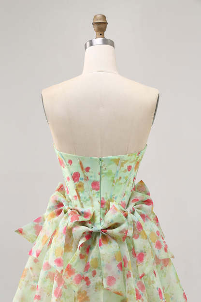 Green Floral Strapless A Line Short Corset Homecoming Dress with Bows
