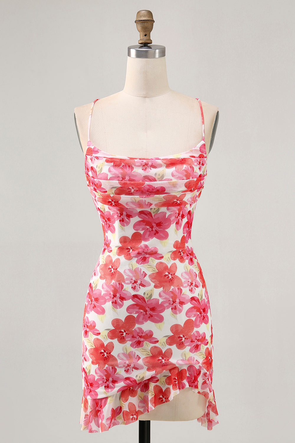 Red Floral Tight Short Lace up Back Homecoming Dress with Ruffles