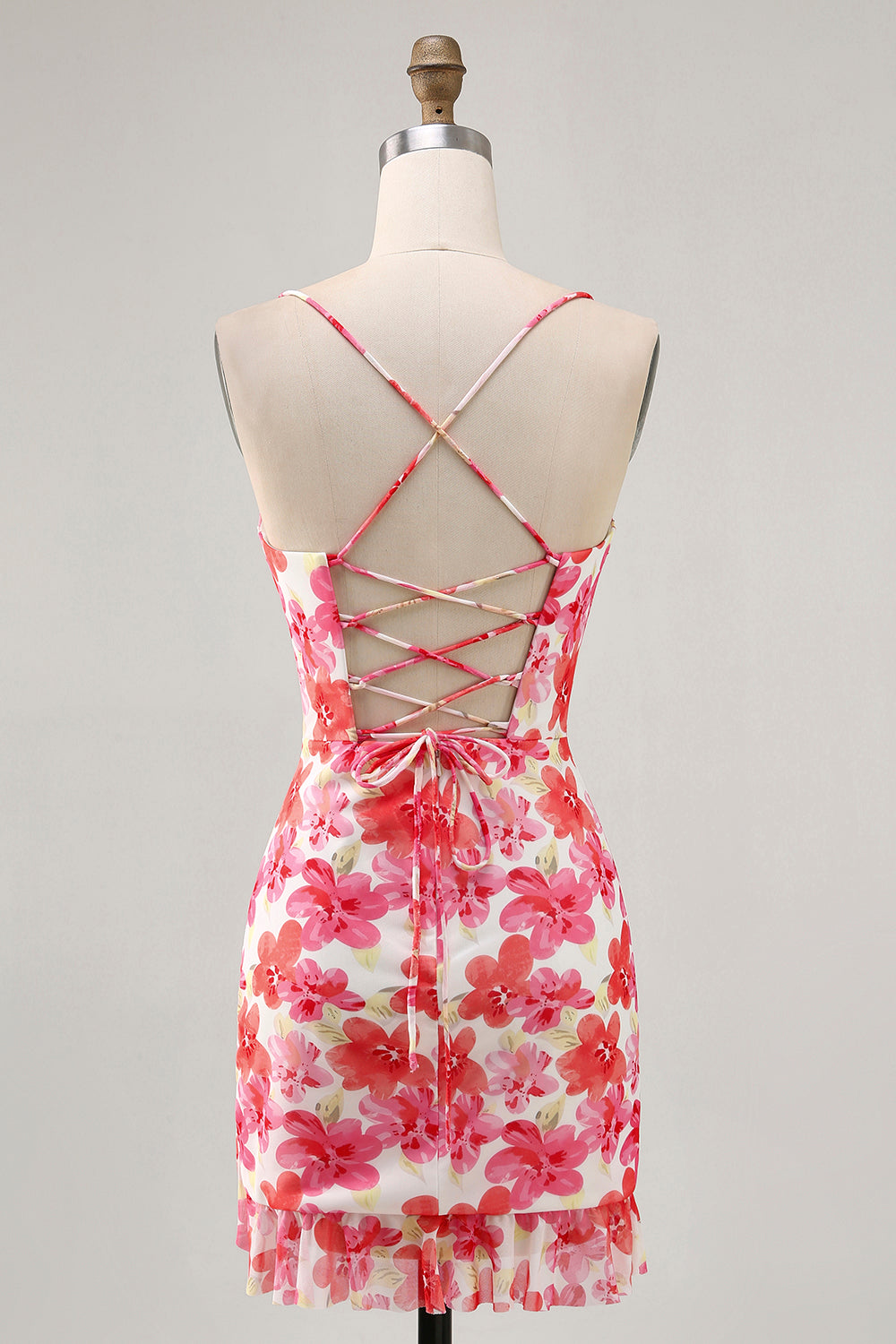 Red Floral Tight Short Lace up Back Homecoming Dress with Ruffles