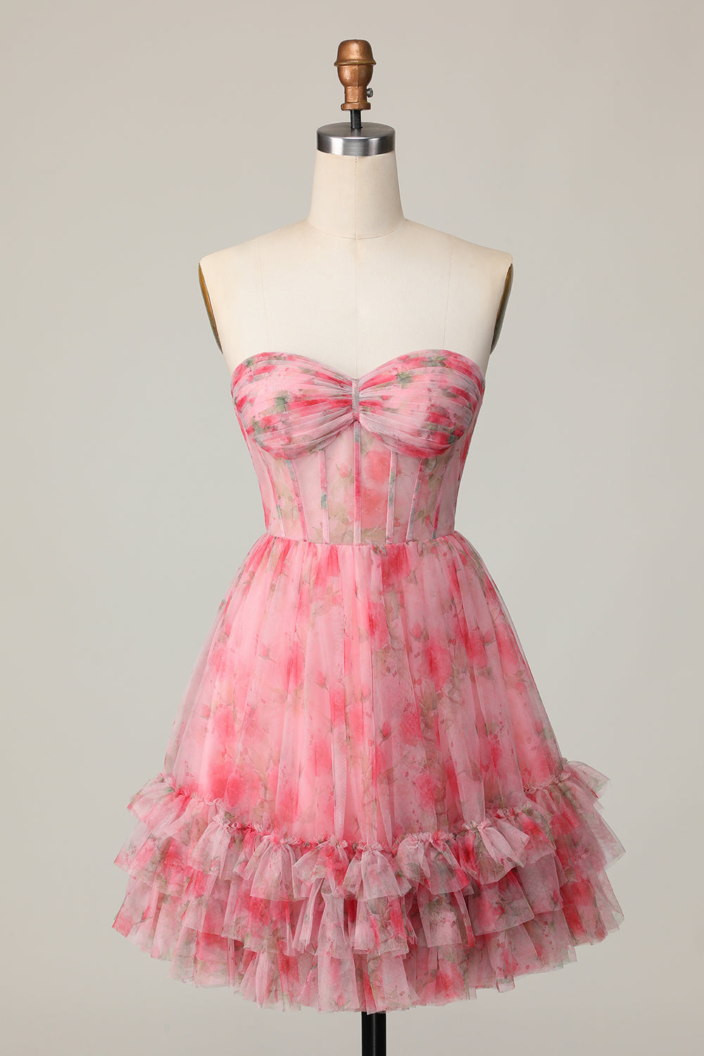 Red Floral Corset Sweetheart Short A Line Homecoming Dress with Ruffles