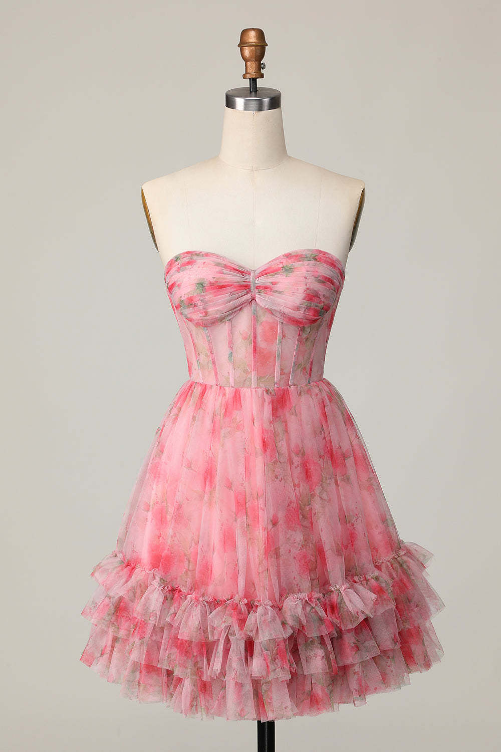 Leely Women Red Floral Sweetheart Short Homecoming Dress with Ruffles Corset Ruched Tiered Chiffon A Line Lace Up Back Birthday Dress