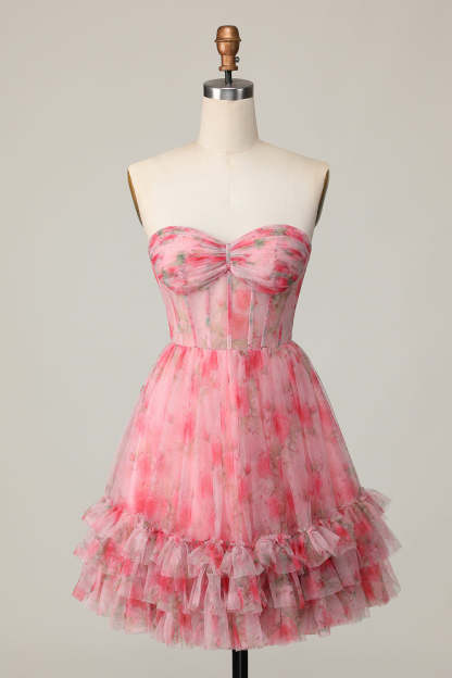 Leely Women Red Floral Sweetheart Short Homecoming Dress with Ruffles Corset Ruched Tiered Chiffon A Line Lace Up Back Birthday Dress