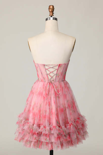 Red Floral Corset Sweetheart Short A Line Homecoming Dress with Ruffles