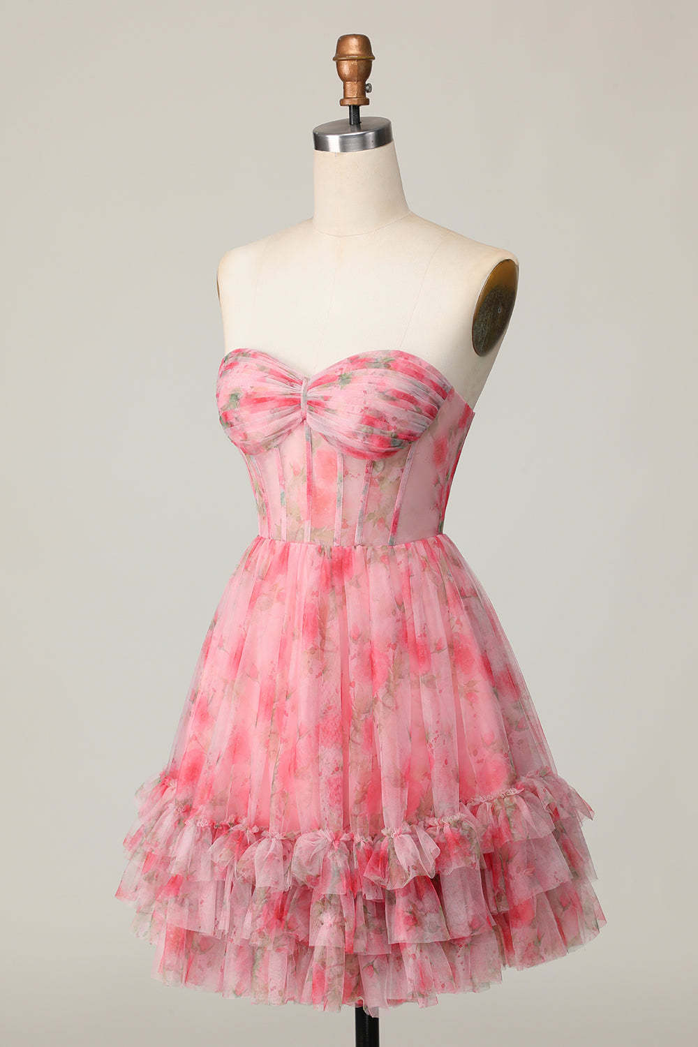 Red Floral Corset Sweetheart Short A Line Homecoming Dress with Ruffles