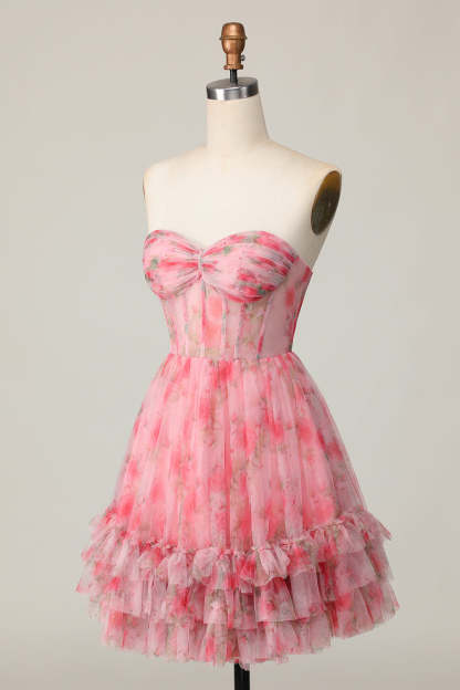 Red Floral Corset Sweetheart Short A Line Homecoming Dress with Ruffles