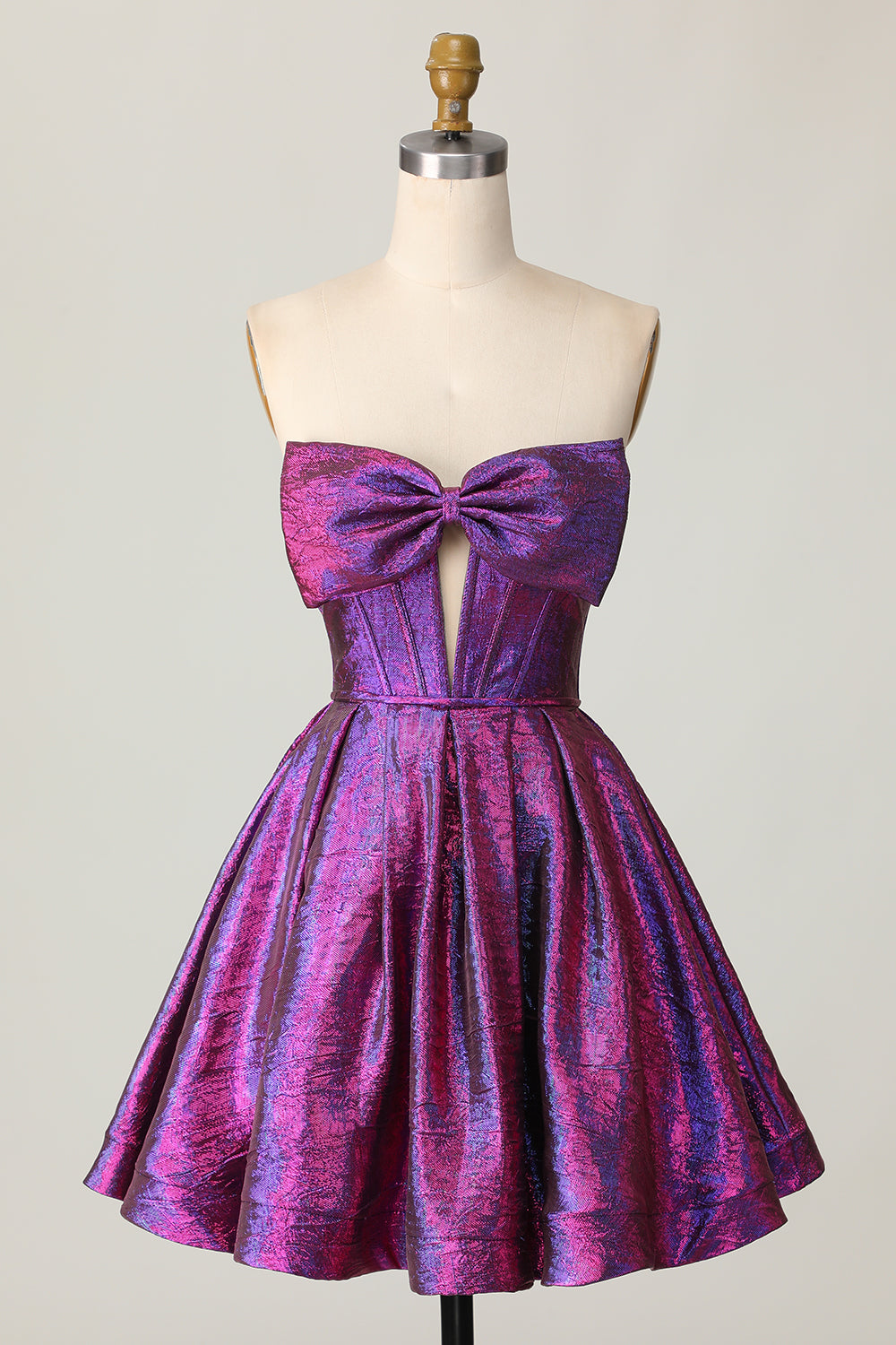 Dark Purple Corset Strapless Keyhole Metallic Short Homecoming Dress with Bow