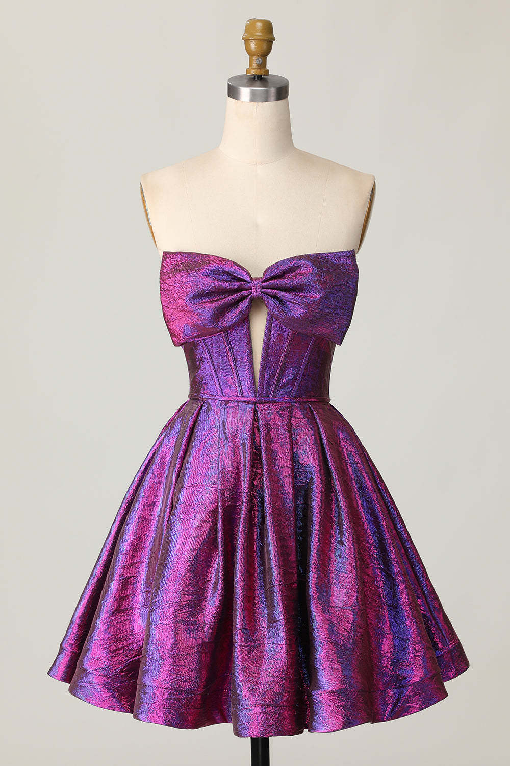 Leely Women Dark Purple Metallic Short Homecoming Dress with Bow Corset Strapless Keyhole A Line Cocktail Dress