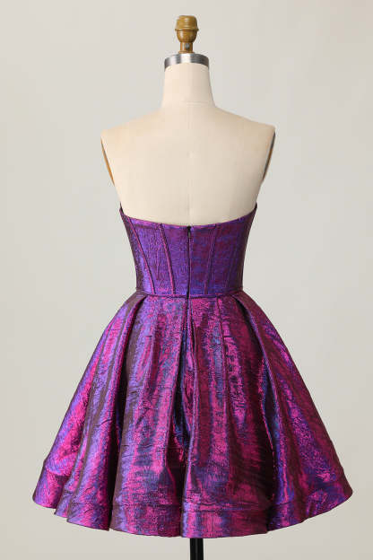 Dark Purple Corset Strapless Keyhole Metallic Short Homecoming Dress with Bow