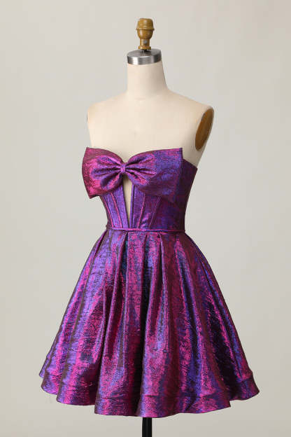 Dark Purple Corset Strapless Keyhole Metallic Short Homecoming Dress with Bow
