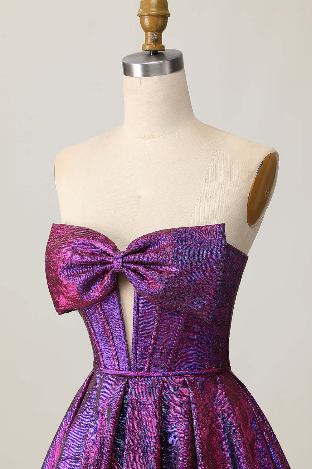 Dark Purple Corset Strapless Keyhole Metallic Short Homecoming Dress with Bow
