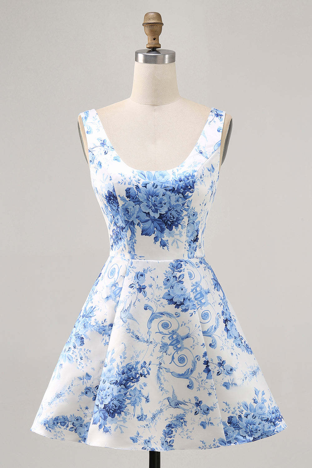 Leely Women White and Blue Floral Satin Short Homecoming Dress Scoop Neck A Line Lace Up Back Cocktail Dress
