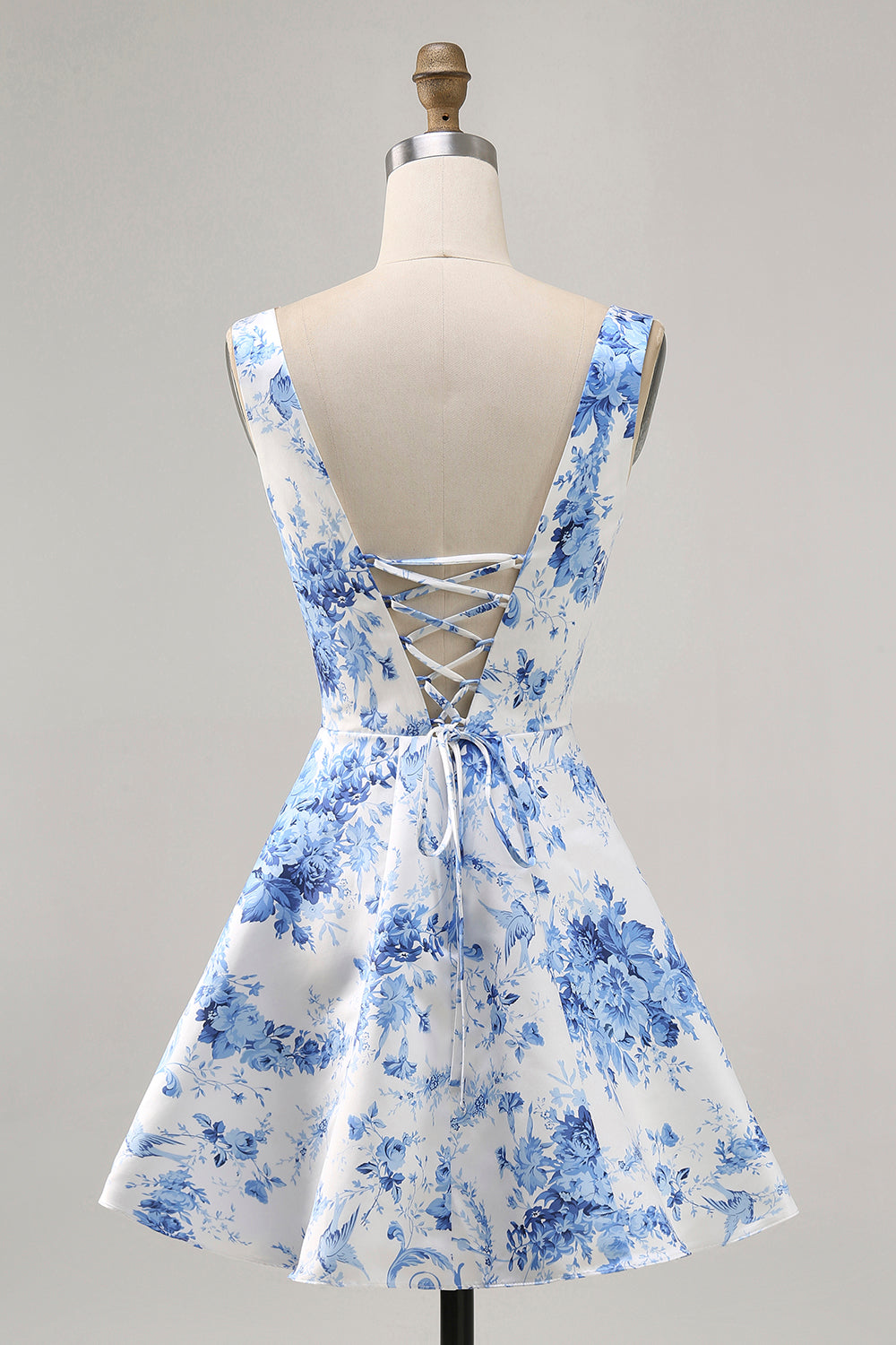 White and Blue Floral Satin Scoop Neck A Line Short Homecoming Dress