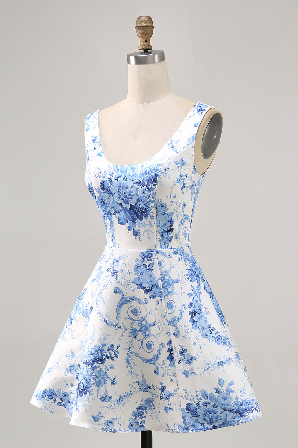 White and Blue Floral Satin Scoop Neck A Line Short Homecoming Dress