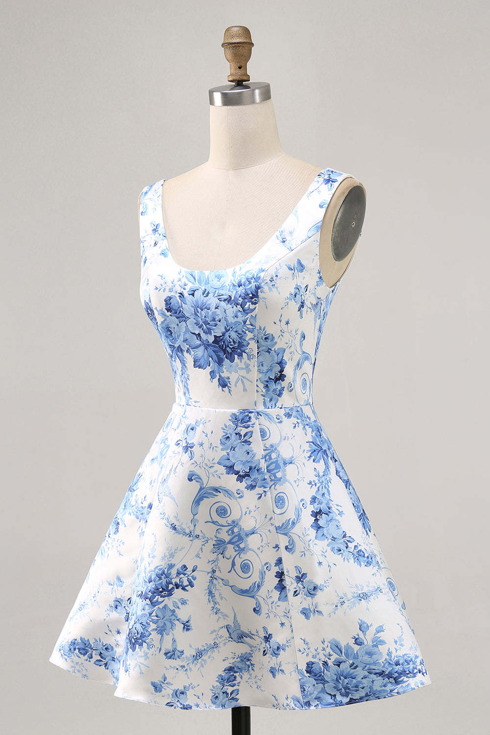 White and Blue Floral Satin Scoop Neck A Line Short Homecoming Dress