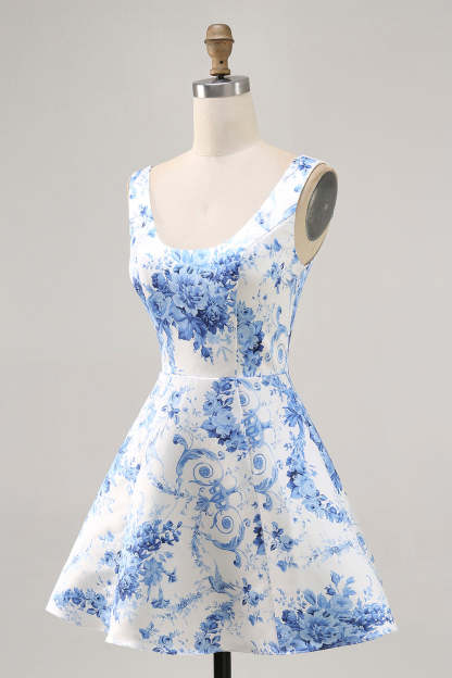 White and Blue Floral Satin Scoop Neck A Line Short Homecoming Dress