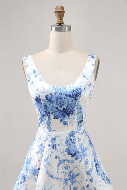 White and Blue Floral Satin Scoop Neck A Line Short Homecoming Dress