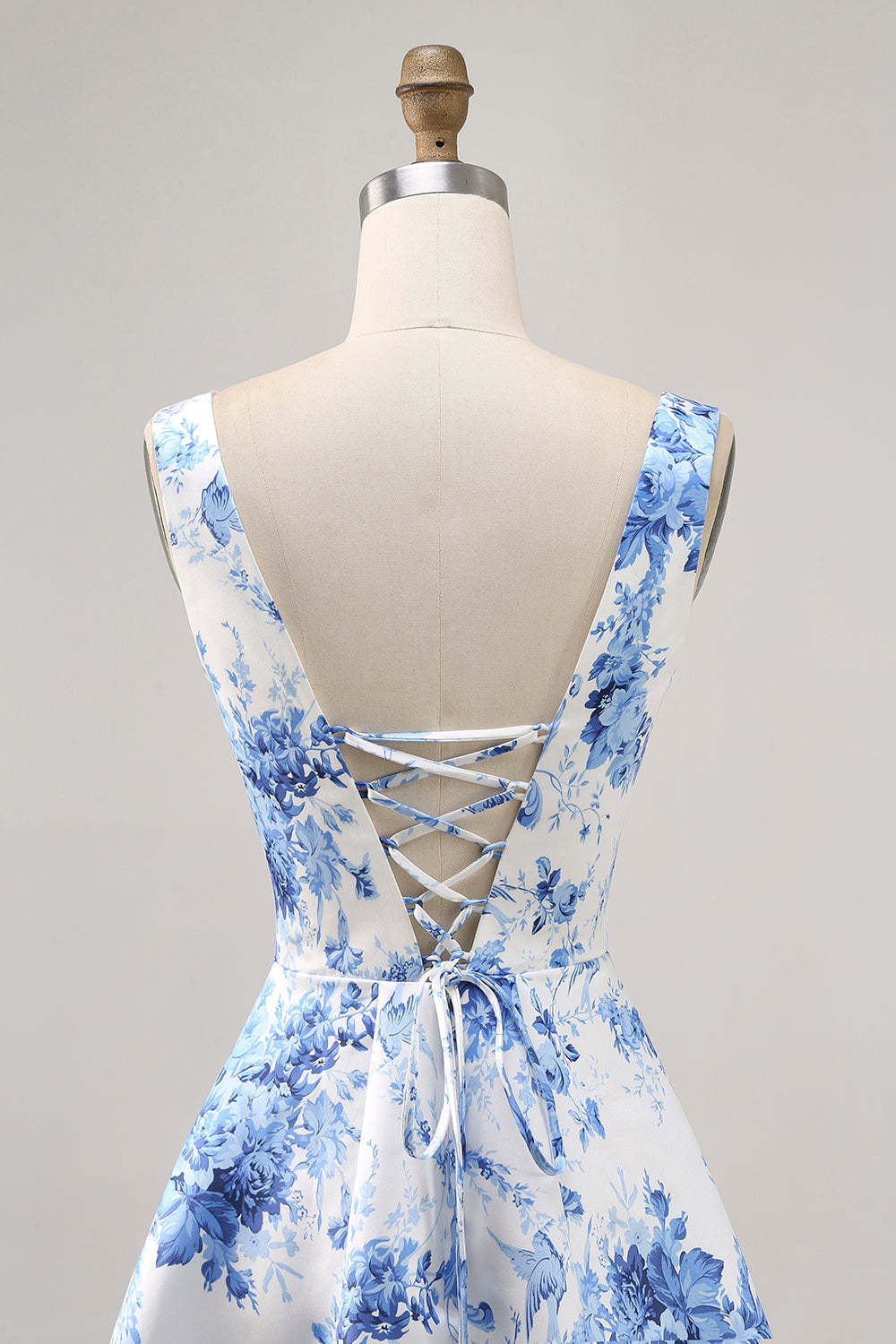 White and Blue Floral Satin Scoop Neck A Line Short Homecoming Dress