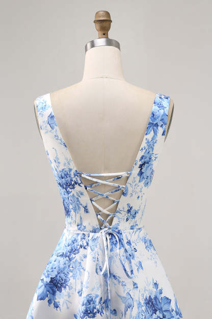White and Blue Floral Satin Scoop Neck A Line Short Homecoming Dress