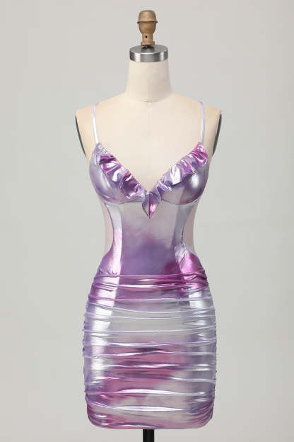 Leely Women Metallic Silver Purple Short Tight Homecoming Dress with Ruffles Spaghetti Straps Ruched Cocktail Dress