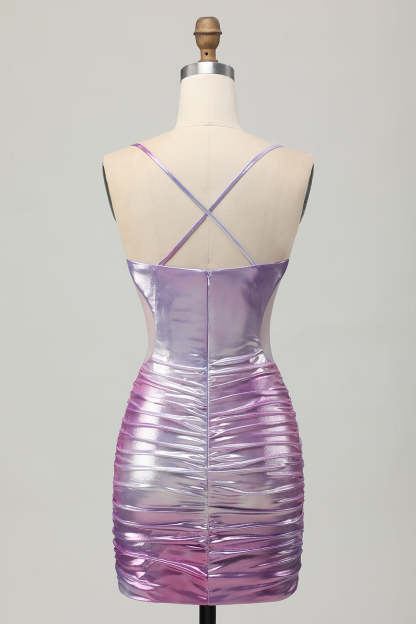 Metallic Silver Purple Bodycon Spaghetti Straps Ruched Short Homecoming Dress
