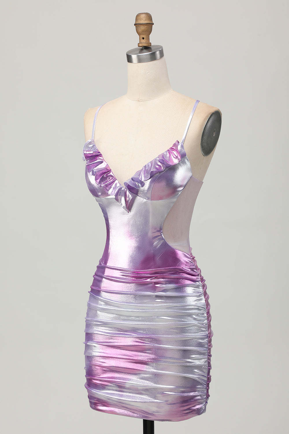 Metallic Silver Purple Bodycon Spaghetti Straps Ruched Short Homecoming Dress