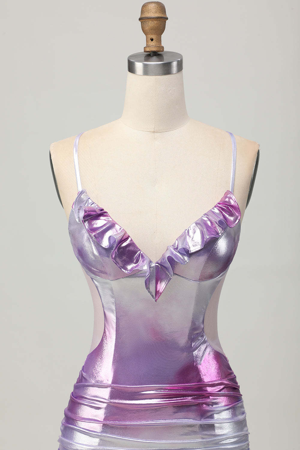 Metallic Silver Purple Bodycon Spaghetti Straps Ruched Short Homecoming Dress