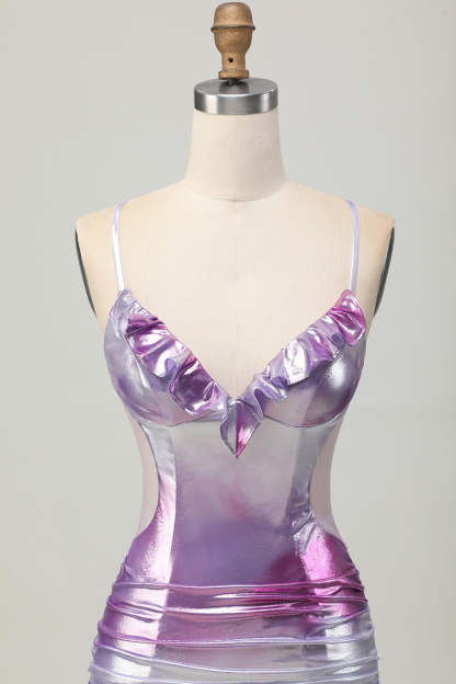 Metallic Silver Purple Bodycon Spaghetti Straps Ruched Short Homecoming Dress