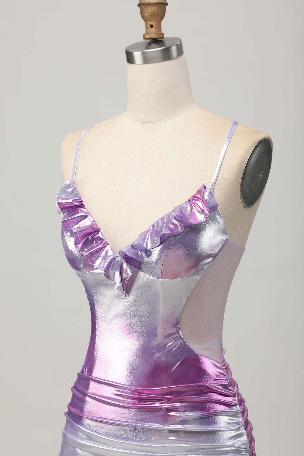 Metallic Silver Purple Bodycon Spaghetti Straps Ruched Short Homecoming Dress