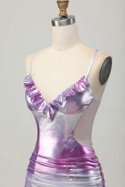 Metallic Silver Purple Bodycon Spaghetti Straps Ruched Short Homecoming Dress
