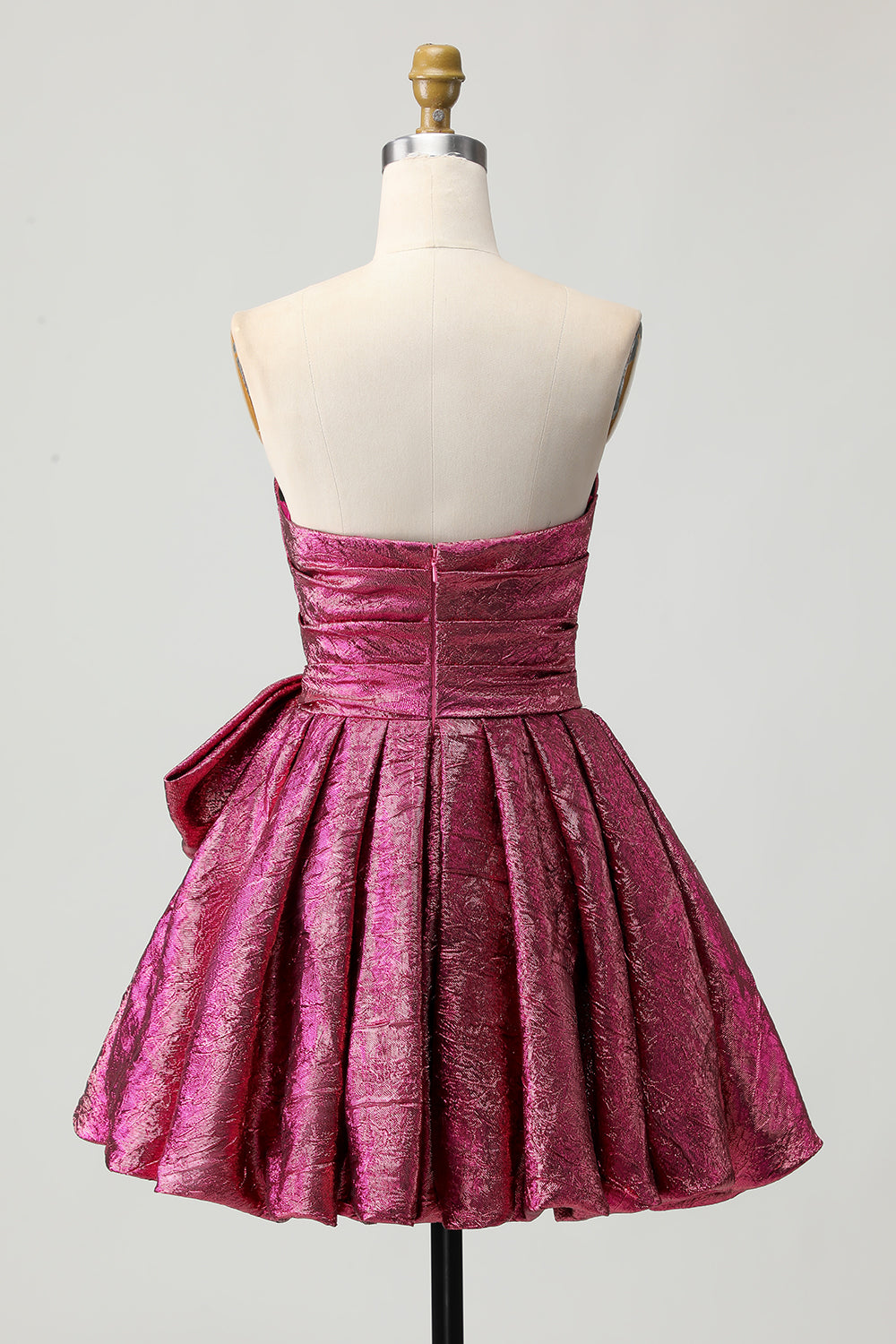 Short Dark Purple A Line Strapless Metallic Homecoming Dress with Bow