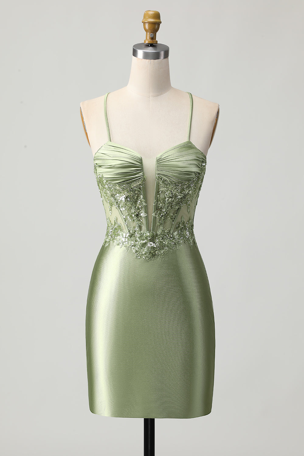 Sparkly Sage Green Corset Tight Short Satin Homecoming Dress with Sequins