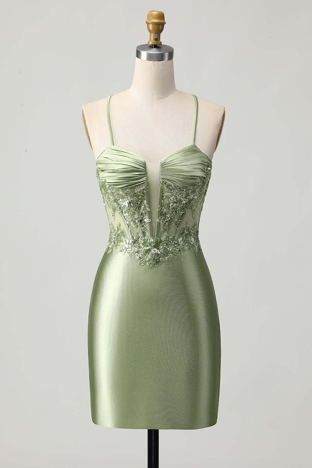 Leely Women Sparkly Sage Green Corset Short Satin Homecoming Dress with Sequins Tight Spaghetti Straps Appliqued Lace-Up Back Cocktail Dress