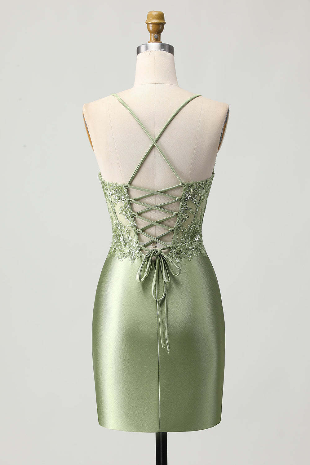 Sparkly Sage Green Corset Tight Short Satin Homecoming Dress with Sequins