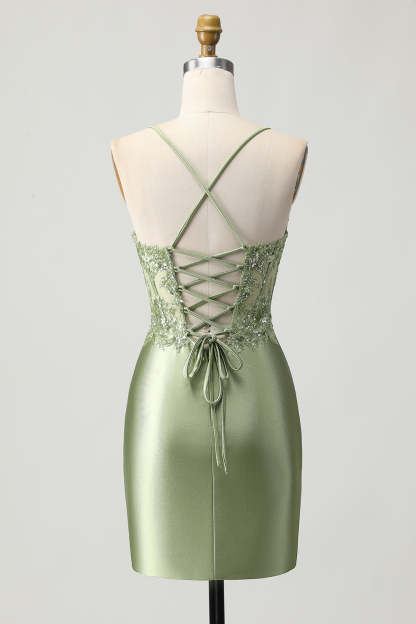 Sparkly Sage Green Corset Tight Short Satin Homecoming Dress with Sequins