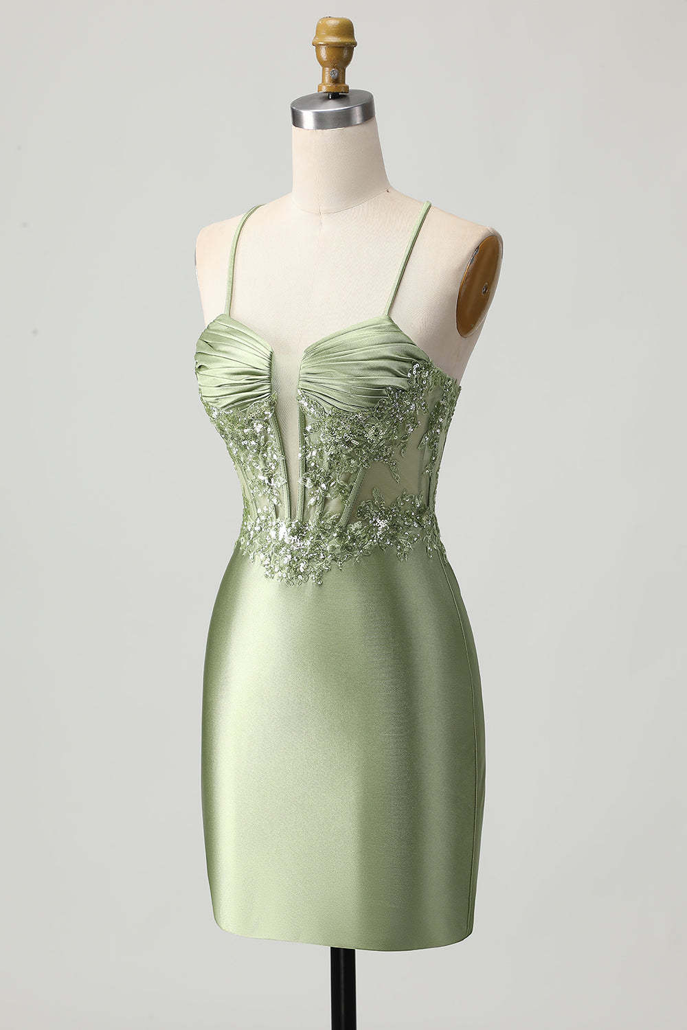 Sparkly Sage Green Corset Tight Short Satin Homecoming Dress with Sequins