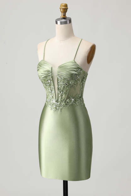 Sparkly Sage Green Corset Tight Short Satin Homecoming Dress with Sequins