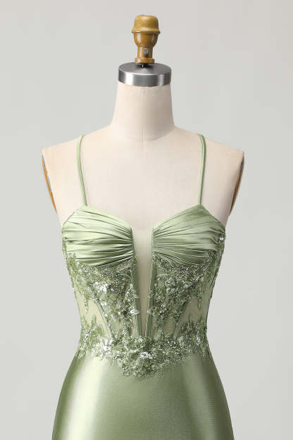 Sparkly Sage Green Corset Tight Short Satin Homecoming Dress with Sequins