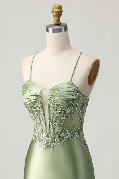 Sparkly Sage Green Corset Tight Short Satin Homecoming Dress with Sequins