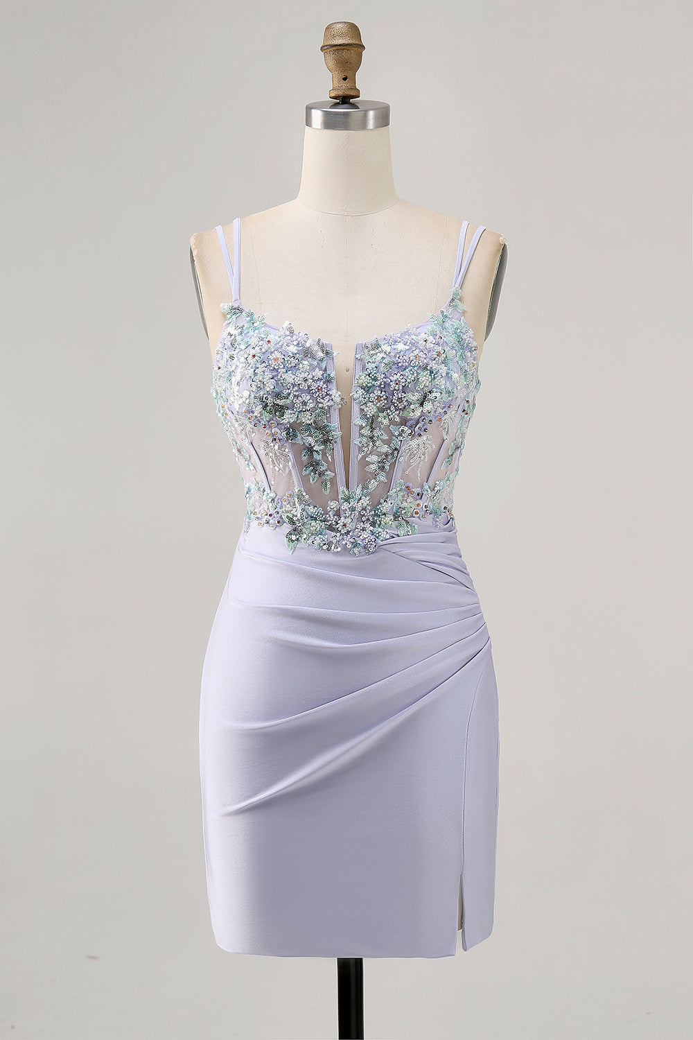 Lavender Satin Floral Corset Mini Homecoming Dress with Sequins