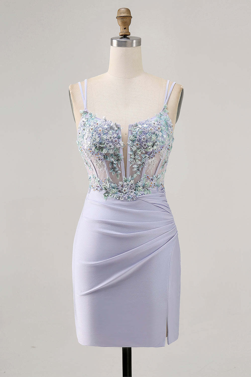 Leely Women Lavender Satin Floral Mini Homecoming Dress with Sequins Corset Ruched Spaghetti Straps Bodycon Lace Up Back Cocktail Dress