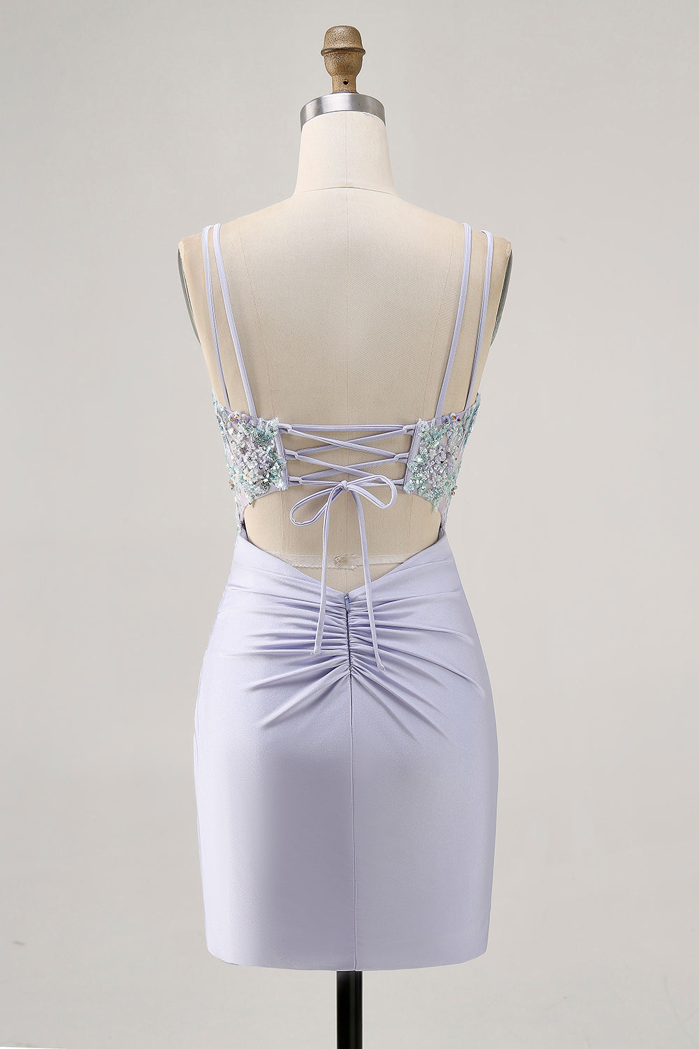 Lavender Satin Floral Corset Mini Homecoming Dress with Sequins