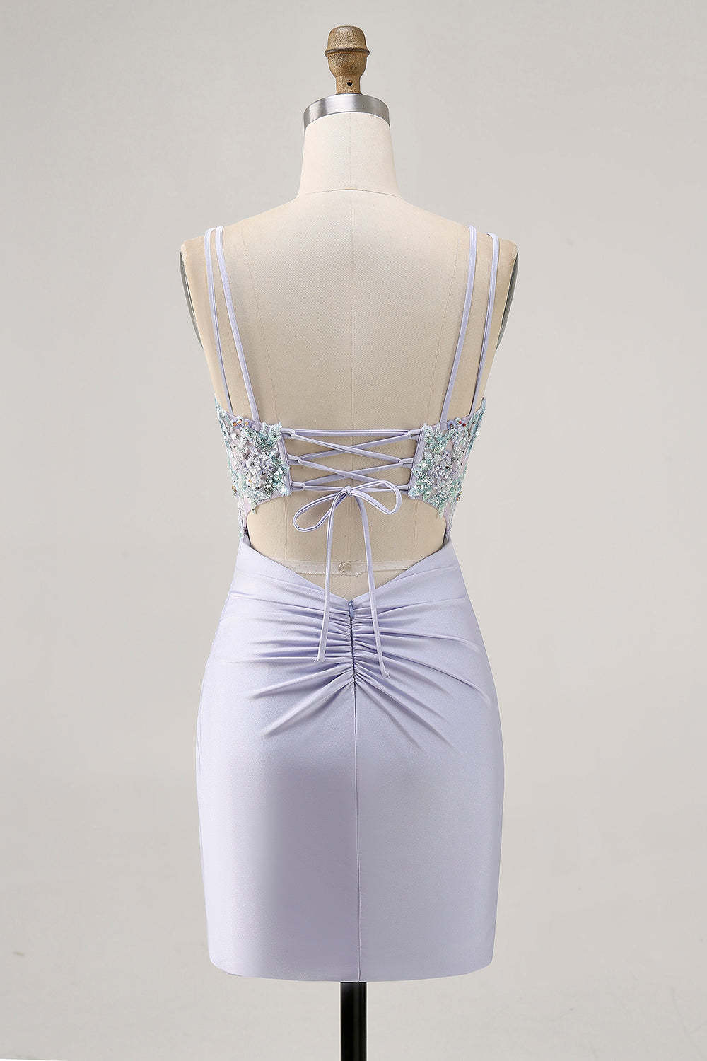 Lavender Satin Floral Corset Mini Homecoming Dress with Sequins