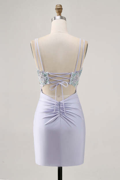 Lavender Satin Floral Corset Mini Homecoming Dress with Sequins